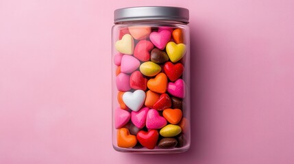 A clear cylinder container showcasing colorful Valentines candy layers, creative design, sweet decor, festive touch