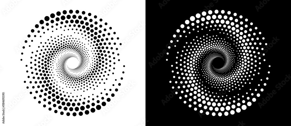 Poster Modern abstract background. Halftone dots in circle form. Spiral logo, icon or design element. Black dots on a white background and white dots on the black side.
