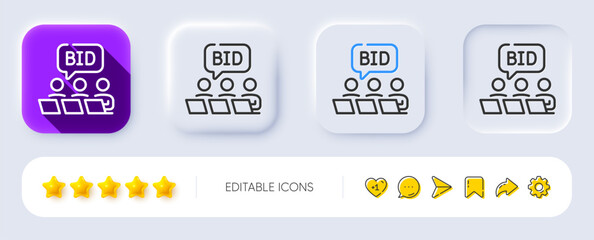 Online auction line icon. Neumorphic, Flat shadow, 3d buttons. Bid offer sign. Raise the price up symbol. Line online auction icon. Social media icons. Vector