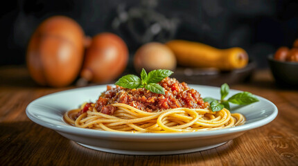 Classic spaghetti bolognese presented in warm lighting, soft focus, shallow depth of field