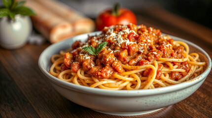 Classic spaghetti bolognese, professionally lit, warm tones emphasizing the texture of the dish