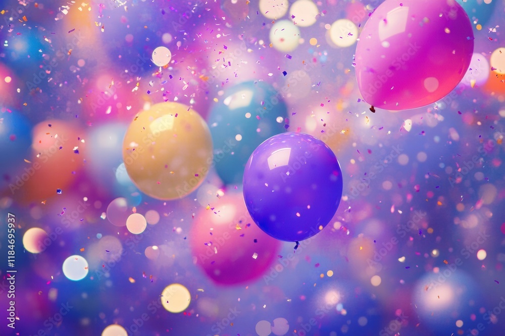 Poster colorful balloons and sparkling confetti create a joyful atmosphere for celebrations and festive gat