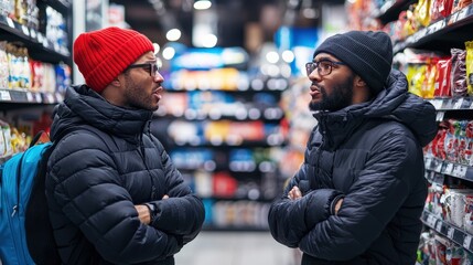 Fototapeta premium Two shoppers in a heated exchange over the last item on a store shelf during a sale