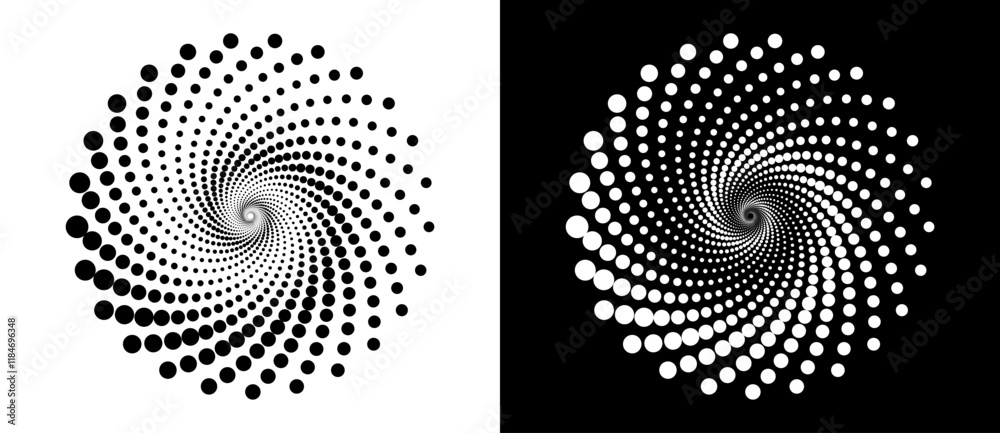 Poster Modern abstract background. Halftone dots in circle form. Spiral logo, icon or design element. Black dots on a white background and white dots on the black side.