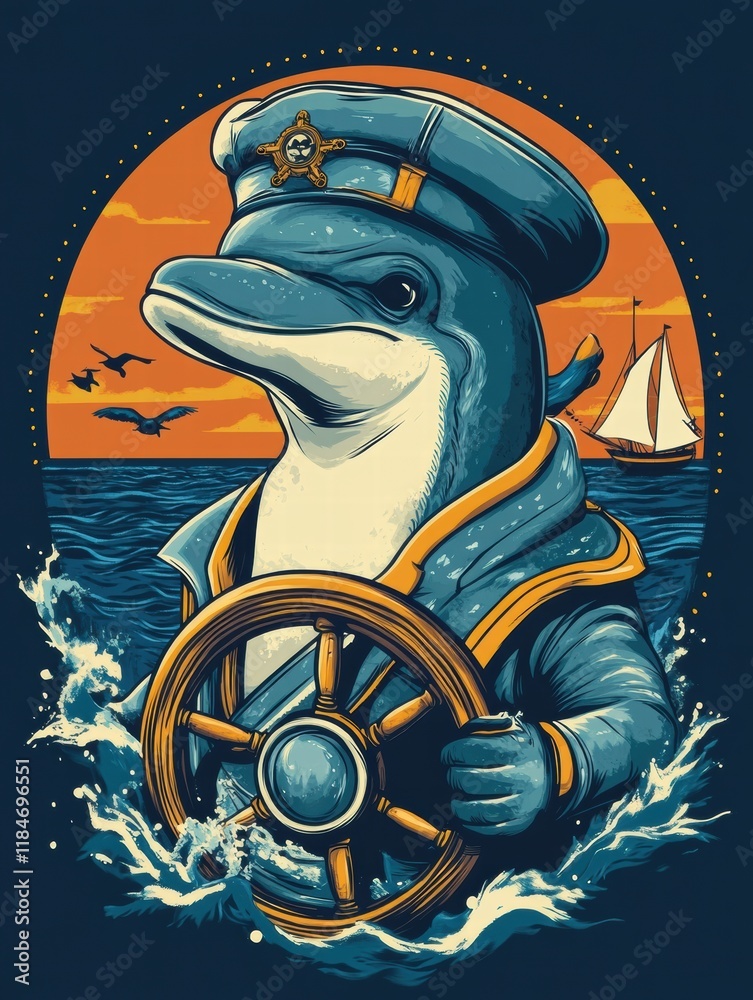 Poster dolphin dressed as ship captain holds wheel while navigating vibrant ocean waters at sunset. generat
