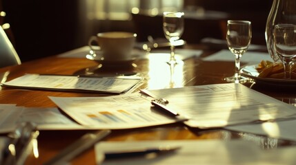 Obraz premium Scattered business documents, charts, and graphs resting on a polished wooden conference table, accompanied by coffee cups, wine glasses, and snacks, basking in warm sunlight