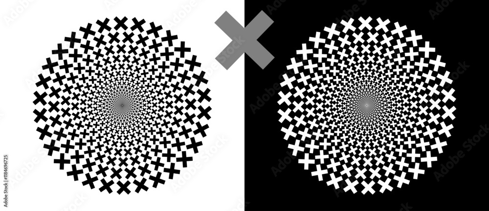 Aufkleber Abstract vector circle with crosses as logo or icon, design element. Black shape on a white background and the same white shape on the black side.