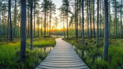 Obraz premium A serene wooden pathway through a lush forest at sunrise, inviting exploration and tranquility.