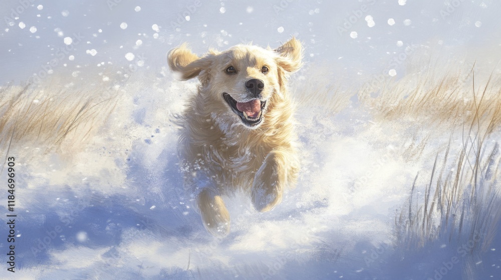 Poster a charming image of a dog running happily through a snowy field, with snowflakes flying and its fur 