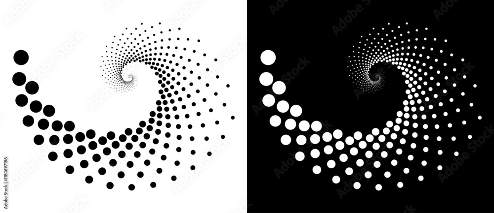 Aufkleber Modern abstract background. Halftone dots in spiral. Round logo. Vector dotted frame. Design element or icon. Black shape on a white background and the same white shape on the black side.