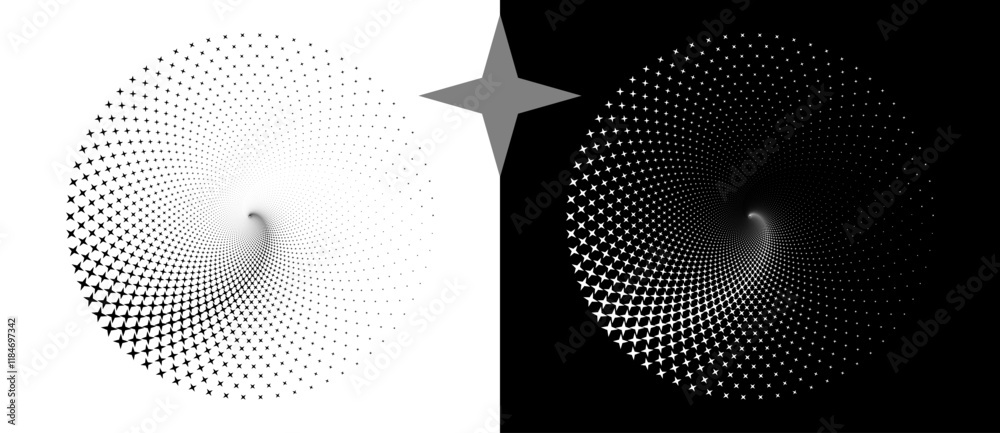 Poster Abstract background with stars in circle. Art design spiral as logo or icon. A black figure on a white background and an equally white figure on the black side.