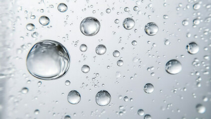 A mesmerizing display of water bubbles floating gracefully against a soft, pale background