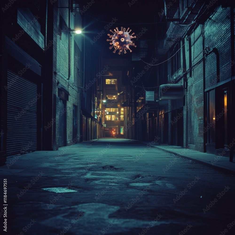 Aufkleber dark urban street illuminated by distant lights featuring a symbolic virus motif hovering above. gen