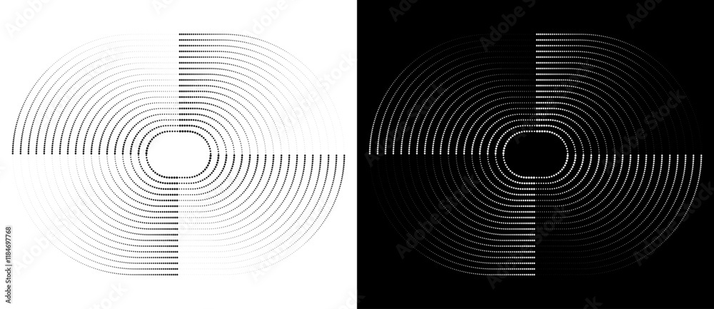 Poster Halftone oval as icon or background. Abstract vector circle frame with dots as logo or design element. Black shape on a white background and the same white shape on the black side.
