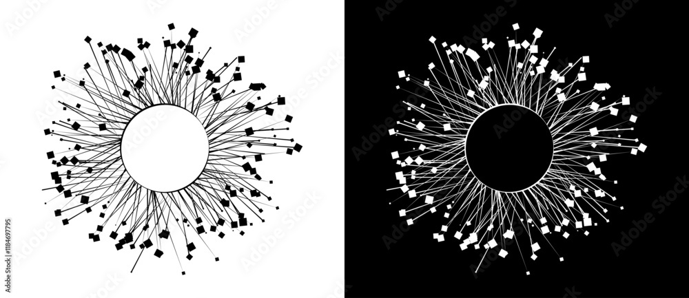 Aufkleber Abstract background with lines and squares in circle. Art design BIG DATA or network concept. Black lines on a white background and white lines on the black side.