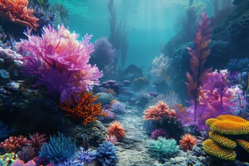 Naklejka premium Explore a vibrant coral reef bursting with colorful marine life and stunning underwater plants in a serene ocean environment during daylight