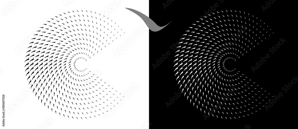 Poster Modern abstract background. Waves in circle form. Round logo. Design element or icon. Black shape on a white background and the same white shape on the black side.