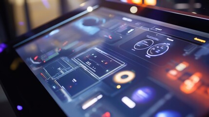 Obraz premium Futuristic control panel displaying various manufacturing data, statistics, and performance indicators in a high tech industrial environment, suggesting advanced automation and real time monitoring
