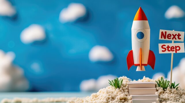 Small rocket launch near sign that reads next step Cloudy blue background