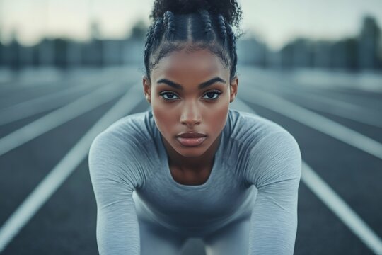 Young woman athlete getting ready for a run on an outdoor track