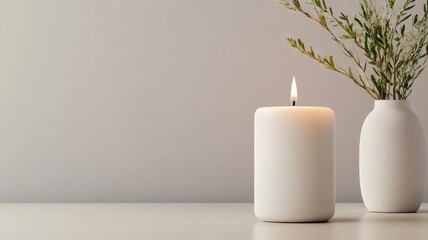 Lit white candle and vase with leaves on minimalist surface