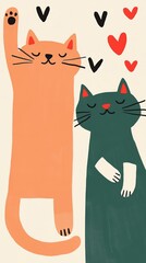 Two playful, cartoon-style cats, one orange and one green, stand together with hearts around them, expressing joy and affection.