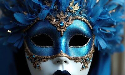 Luxury Blue Carnival Mask Adorned With Feathers and Gold Elements Captures the Essence of Elegance and Mystery at a Festive Event