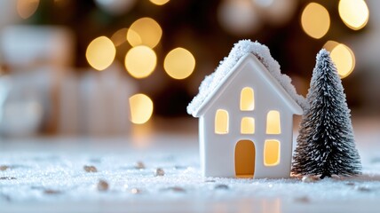 Small white house with Christmas lights, snowy decor