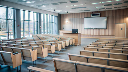 Modern lecture hall equipped with wooden seating and a presentation area