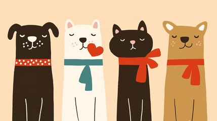 Four adorable, cartoon-style dogs with varying colors and scarves, showcasing playful expressions against a soft background.