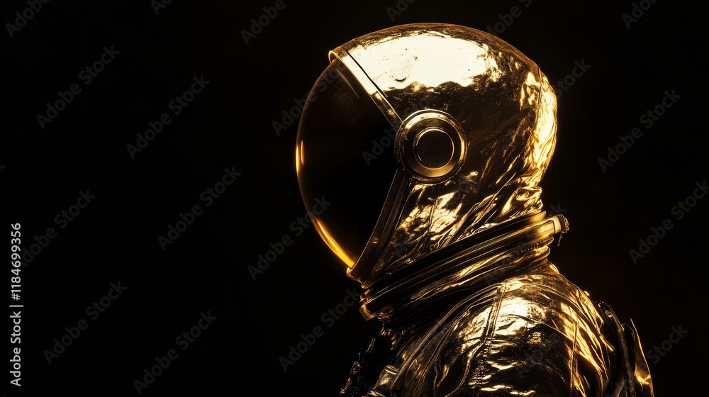 Poster gold astronaut spacesuit with dark visor posing in a dark background, perfect for space exploration 
