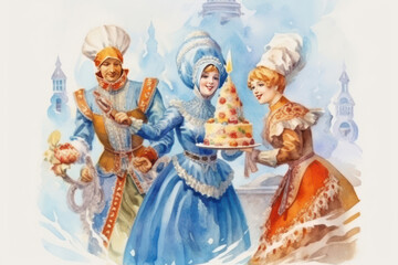 Obraz premium two women and a man in traditional Russian folk costumes participating in the celebration of Maslenitsa. 