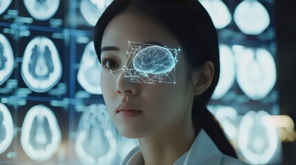 Woman doctor analyzing brain scan with augmented reality overlay.