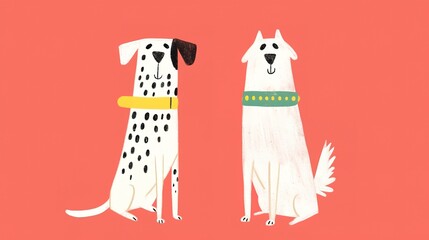 Two cartoon-style dogs, one spotted and one fluffy, sit side by side against a vibrant coral background, exuding a cheerful and playful vibe.