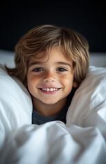 5 years old kid surrounded by pillows in bed smiling