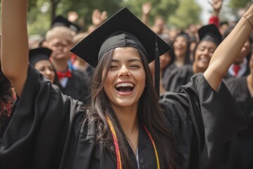 a woman in graduation gown is raising her arms