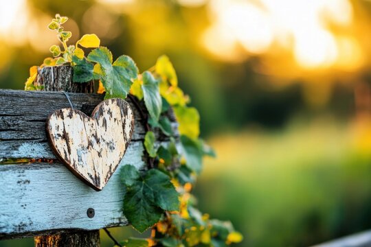 Rustic wooden heart sign leaning against a fence surrounded by greenery at sunset - Powered by Adobe