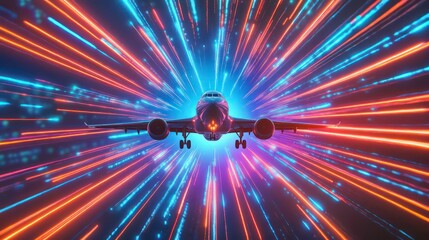 Airplane soaring through vibrant, dynamic light trails, suggesting speed and travel.