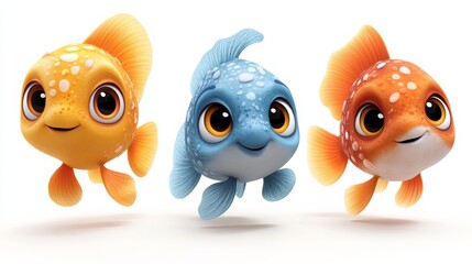Fototapeta premium Three colorful and friendly cartoon fishes are swimming and looking upwards with curiosity