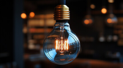 A single glowing lightbulb suspended in mid-air, softly illuminated, symbolizing a moment of inspiration or a brilliant idea, with blurred empty space on the side, creating a sense of chaos