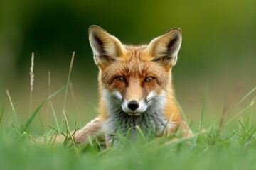 Fototapeta premium A solitary red fox Vulpes vulpes resting in a lush green field during early morning light, showcasing its vibrant fur and keen expression while blending with nature