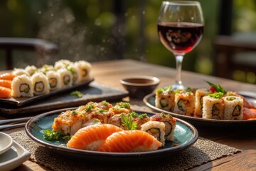sushi and wine on a table