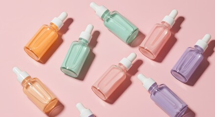 Obraz premium Flat Lay of Vibrant Serum Dropper Bottles on Pastel Pink Background in a Chic Pattern of Beauty Essentials