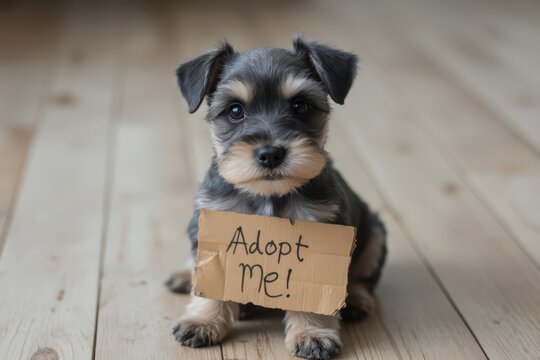 a puppy sitting on the floor holding a sign that says adopt me