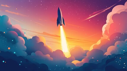 Naklejka premium Rocket ascends through colorful clouds, starry sky.
