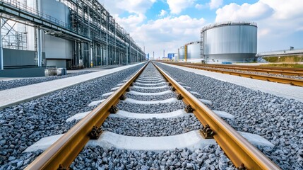 Obraz premium Railway tracks leading to industrial complex under blue sky.