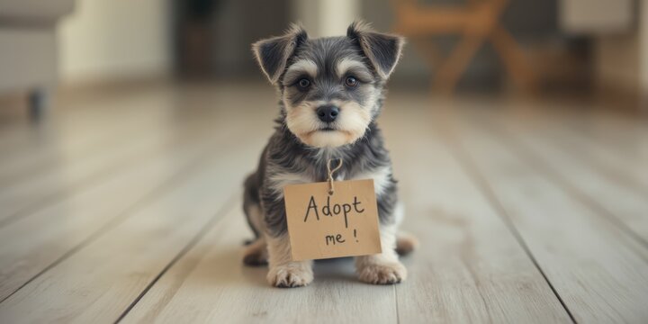 a small dog sitting on the floor with a sign that says adopt me