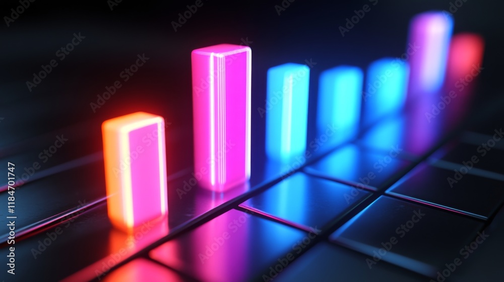 Fototapete A close-up of a futuristic D bar graph with glowing neon bars, rising upward in a dynamic digital environment, symbolizing financial success and innovation.