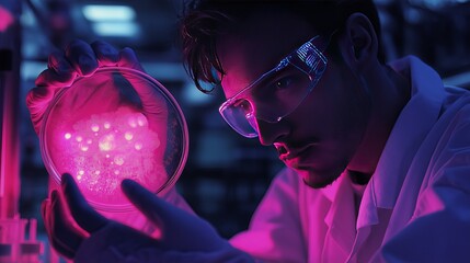 Naklejka premium A scientist holds a glowing pink orb while examining it closely in a laboratory. Concept of innovation and futuristic technology.