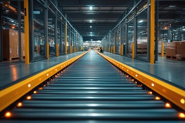 modern automated logistics center interior with robotic systems and smart conveyor belts managing inventory in vast distribution warehouse space